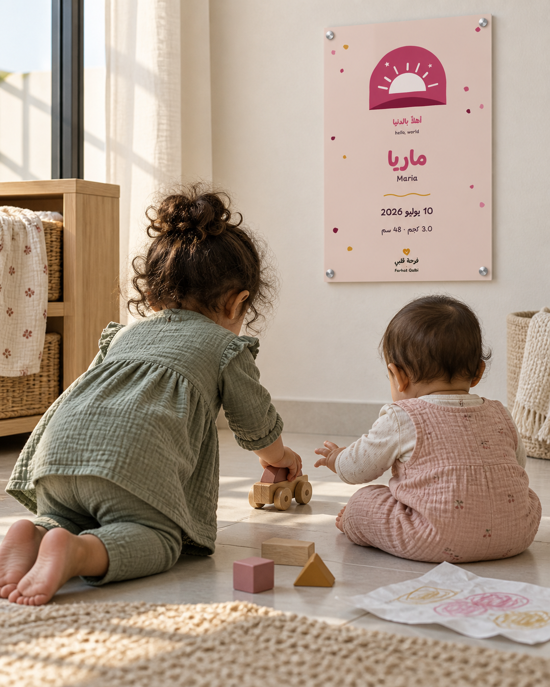 Two children sharing a playful moment beneath a personalised Arabic Hello World acrylic birth print in Rose